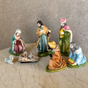 Vintage 7-Piece Chalkware Figurine Christmas Nativity Made In Korea By CCCC